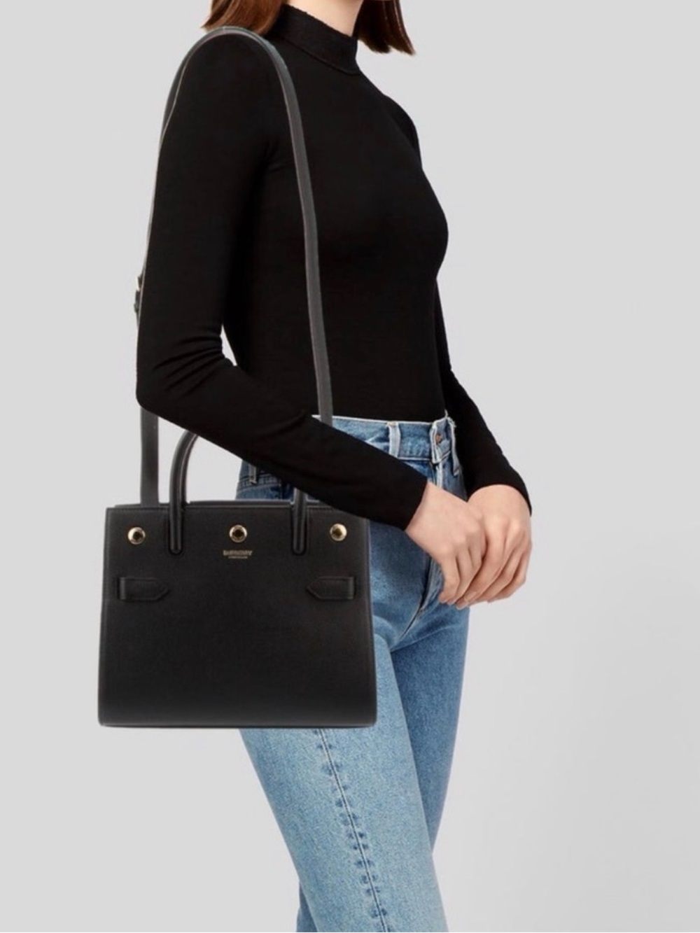 Burberry Black Leather Structured Top-Handle Tote with Gold Hardware